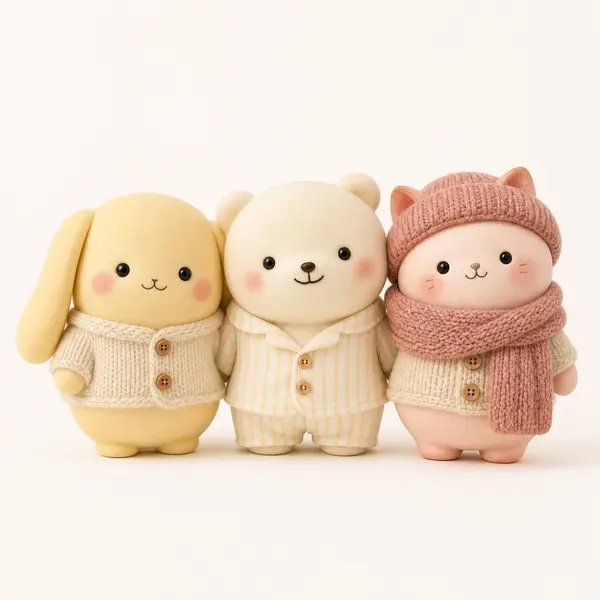 Bao in a cream cardigan, Miso in striped pyjamas and Puff in a cardigan and pink scarf