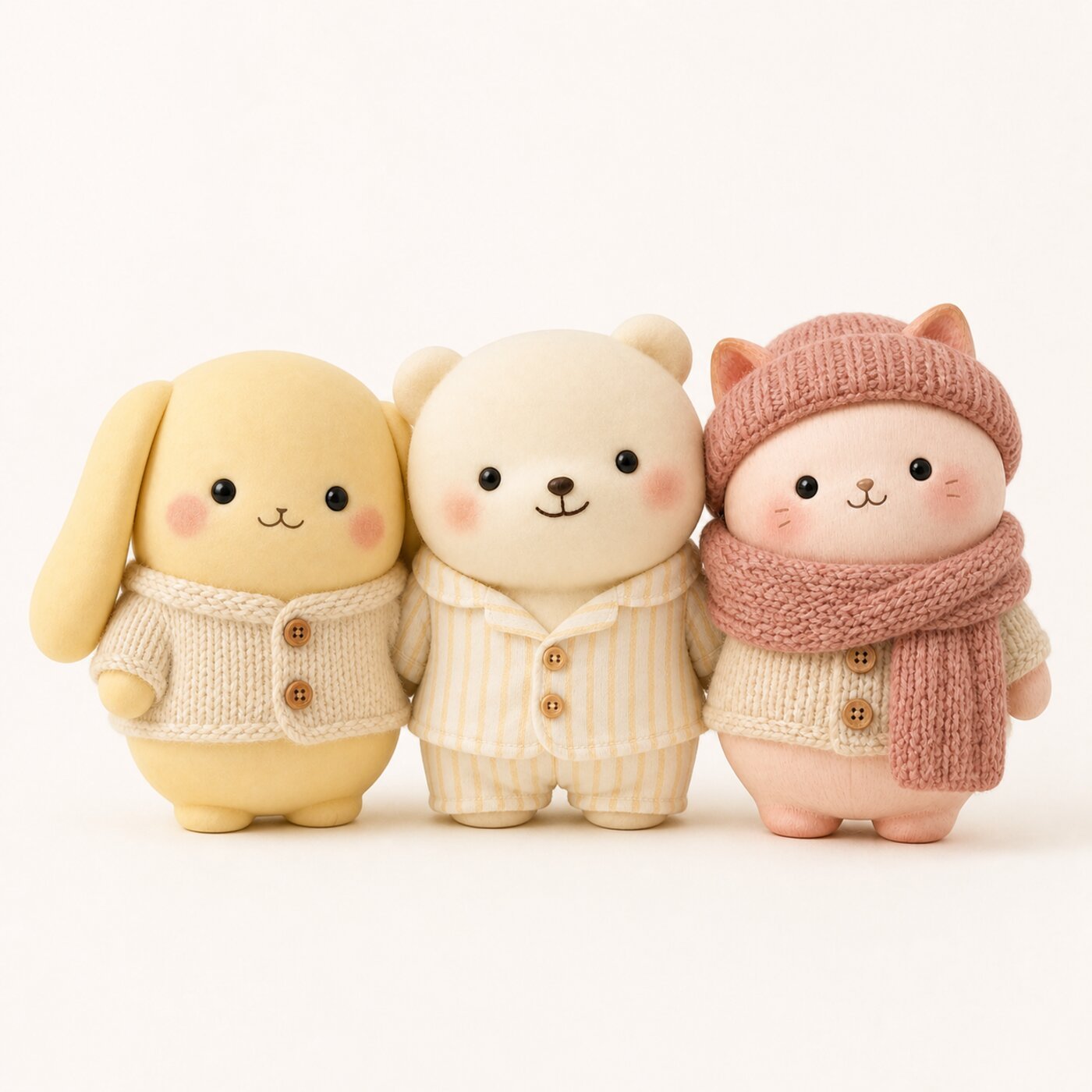 three small matte figurines — a butter-yellow bunny, a cream bear and a blush kitten — huddled together